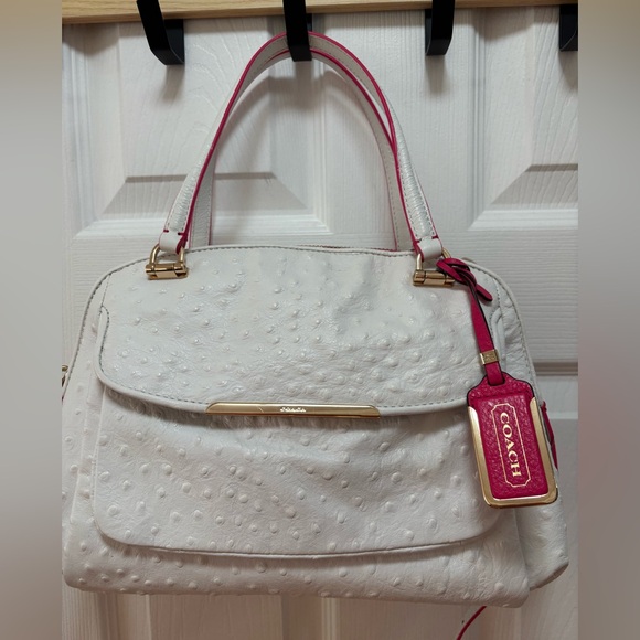 Coach Handbags - Coach A1482-30116 Madison Madeline Ostrich-Embossed White Leather Pink Trim BNOT